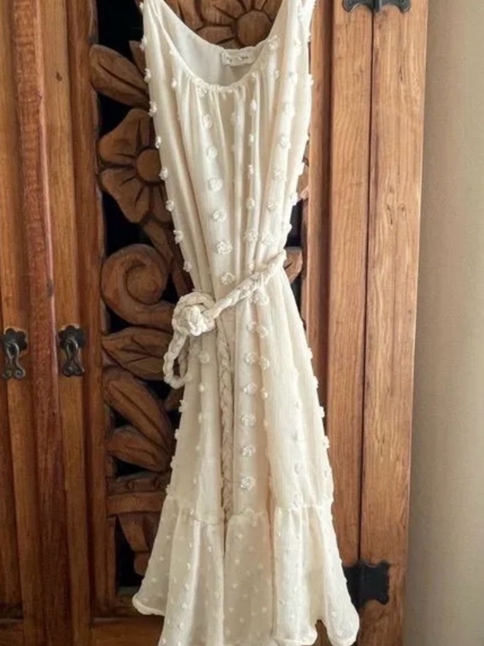 Blu Pepper Cream Textured Maxi Dress with Braided Tie